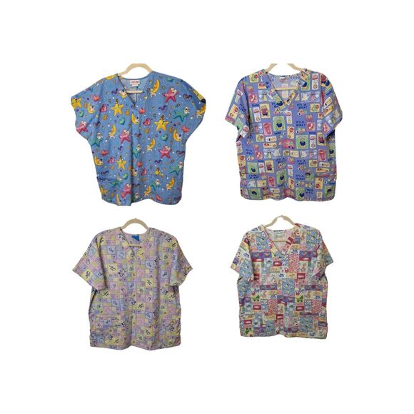 Womens Size L Short Sleeve Scrub Tops Nursery Baby Child Various Brands Lot Of 4 - Picture 1 of 14